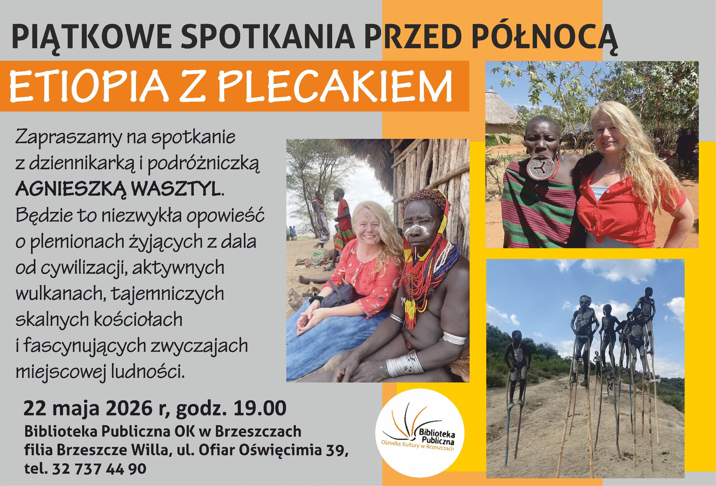 plakat z&nbsp;informacjami o&nbsp;spotkaniu z&nbsp;Agnieszką Wasztyl, godzina, data, adres, opis spotkania, zdjęcia pisarki