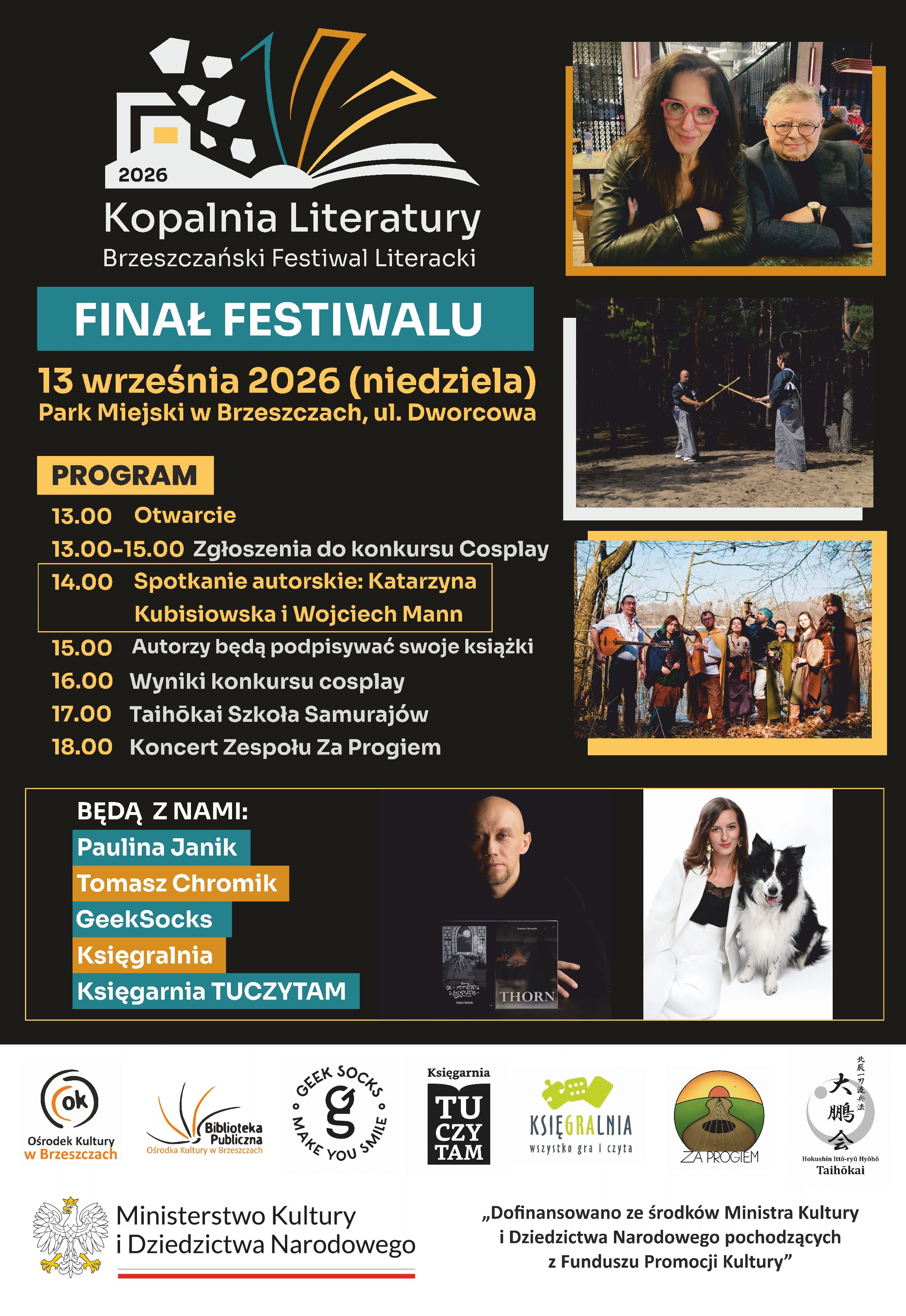 plakat z&nbsp;informacjami dotyczącymi finału festiwalu, grafiki, rozpiska godzin, miejsce, data