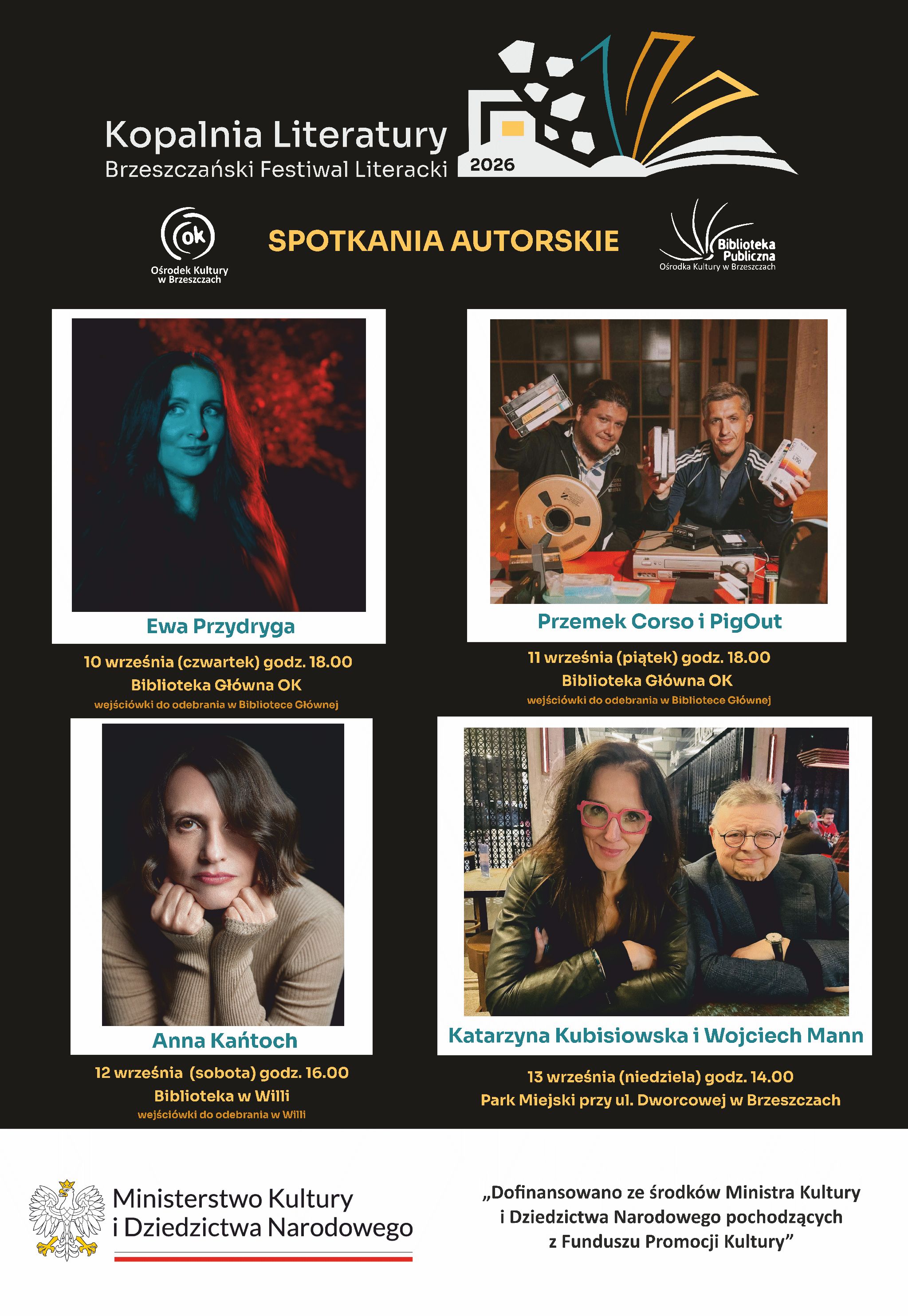 plakat z&nbsp;informacjami dotyczącymi spotkań autorskich, daty, godziny, miejsca spotkań i&nbsp;grafiki z&nbsp;autorami
