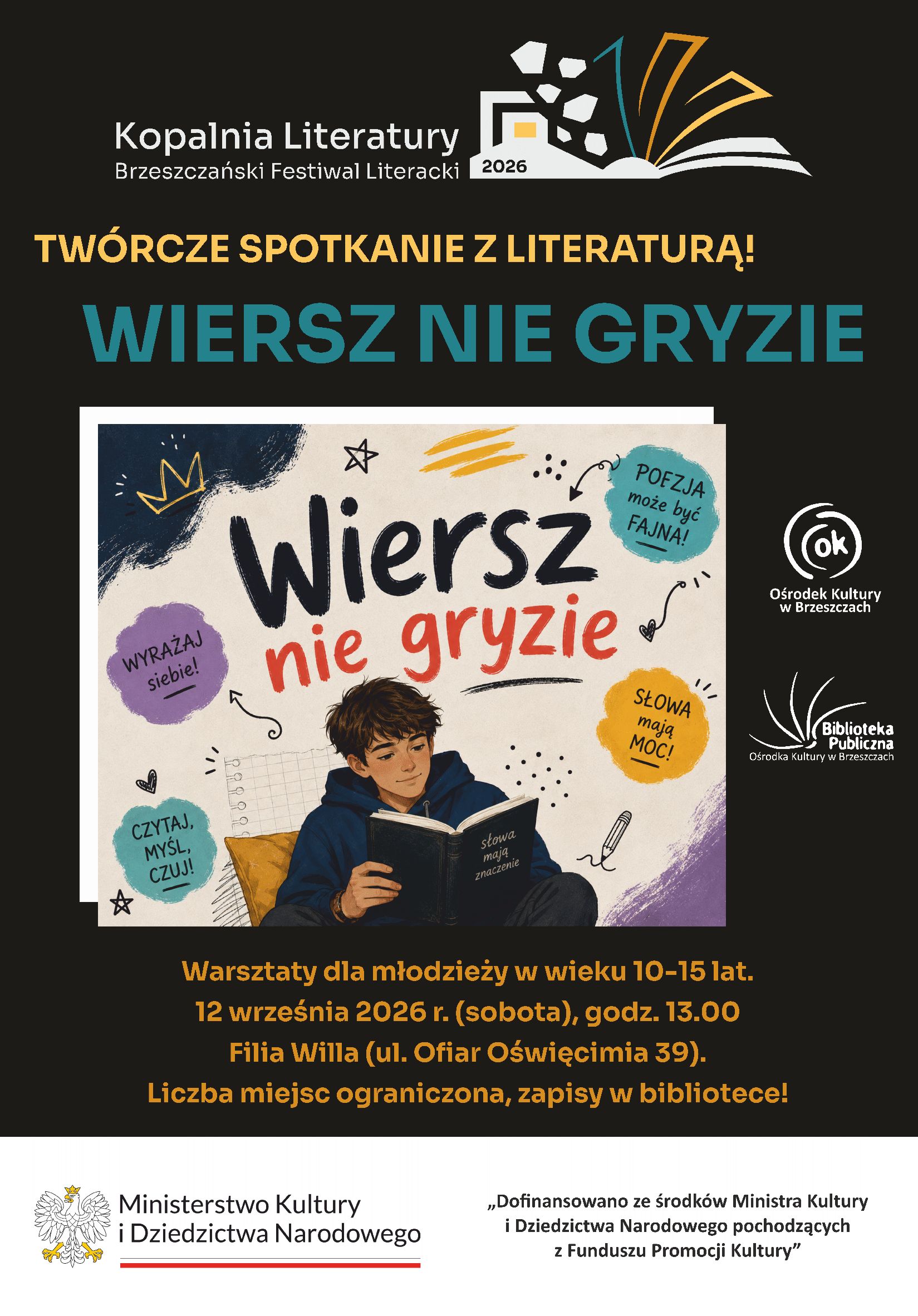 plakat z&nbsp;informacjami dotyczącymi warsztat&oacute;w dla młodzieży