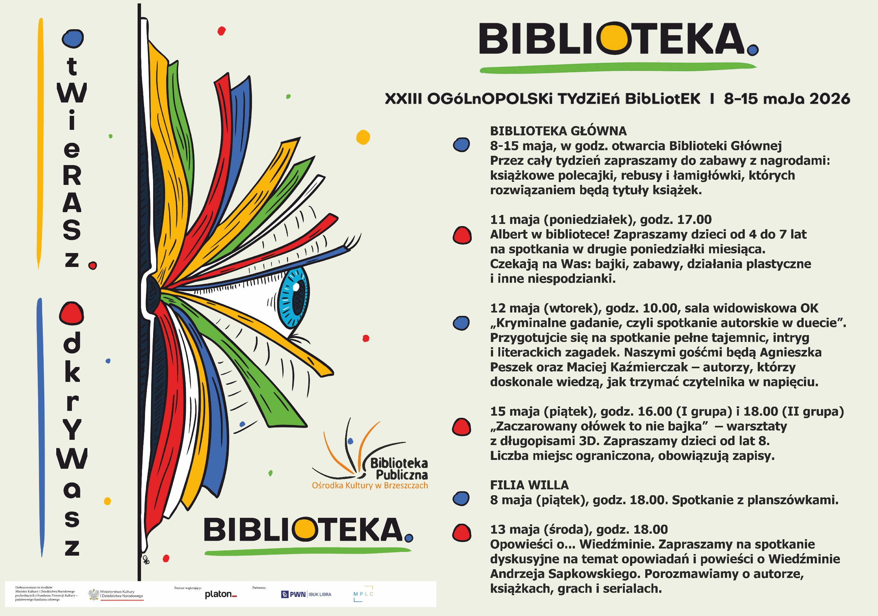plakat z&nbsp;informacjami o&nbsp;imprezach w&nbsp;ramach Tygodnia Bibliotek