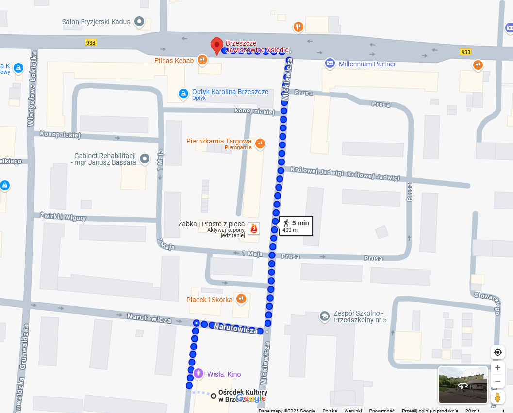 mapa z drogą na przystanek ul. Dworcowa