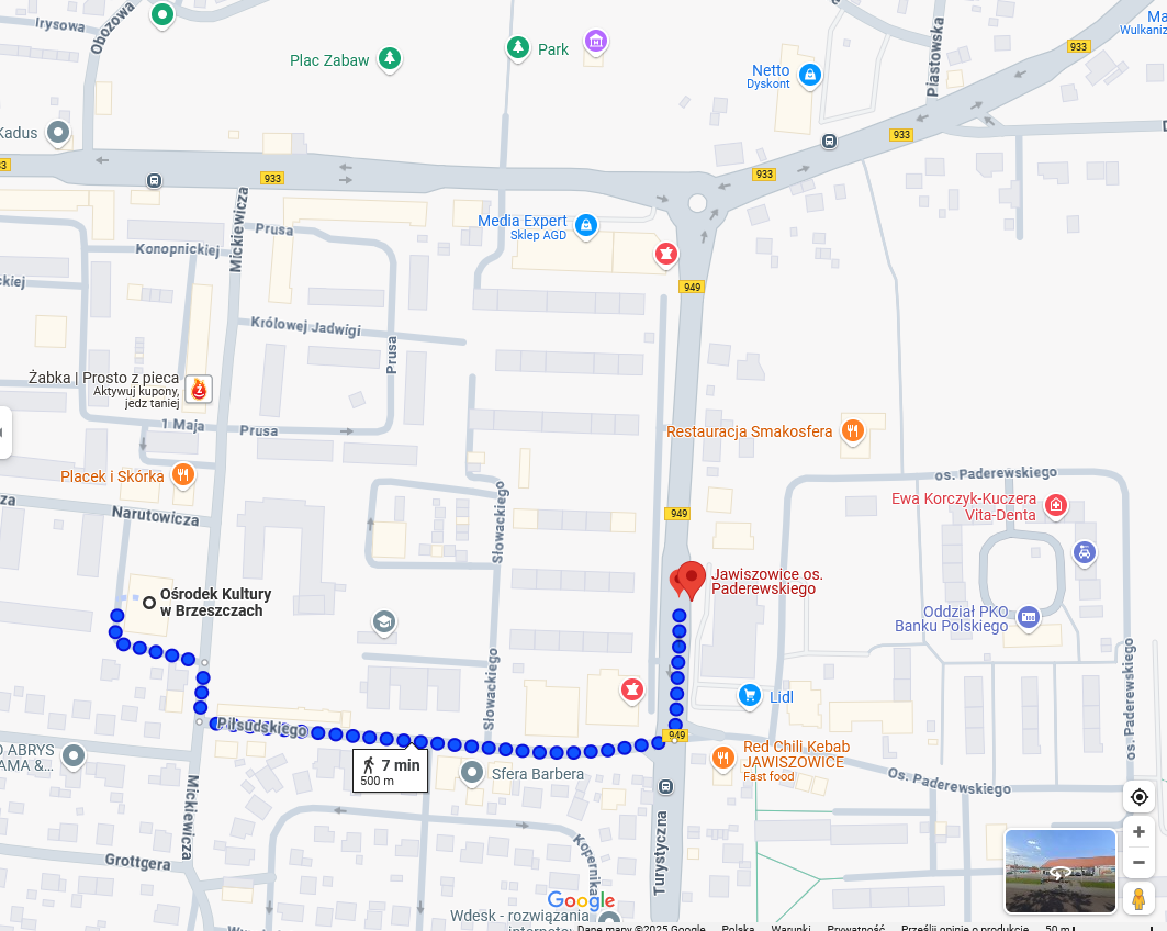 mapa z drogą na przystanek ul. Turystyczna